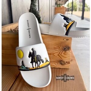 Rowdy Crowd White Slides with Cowboy Design